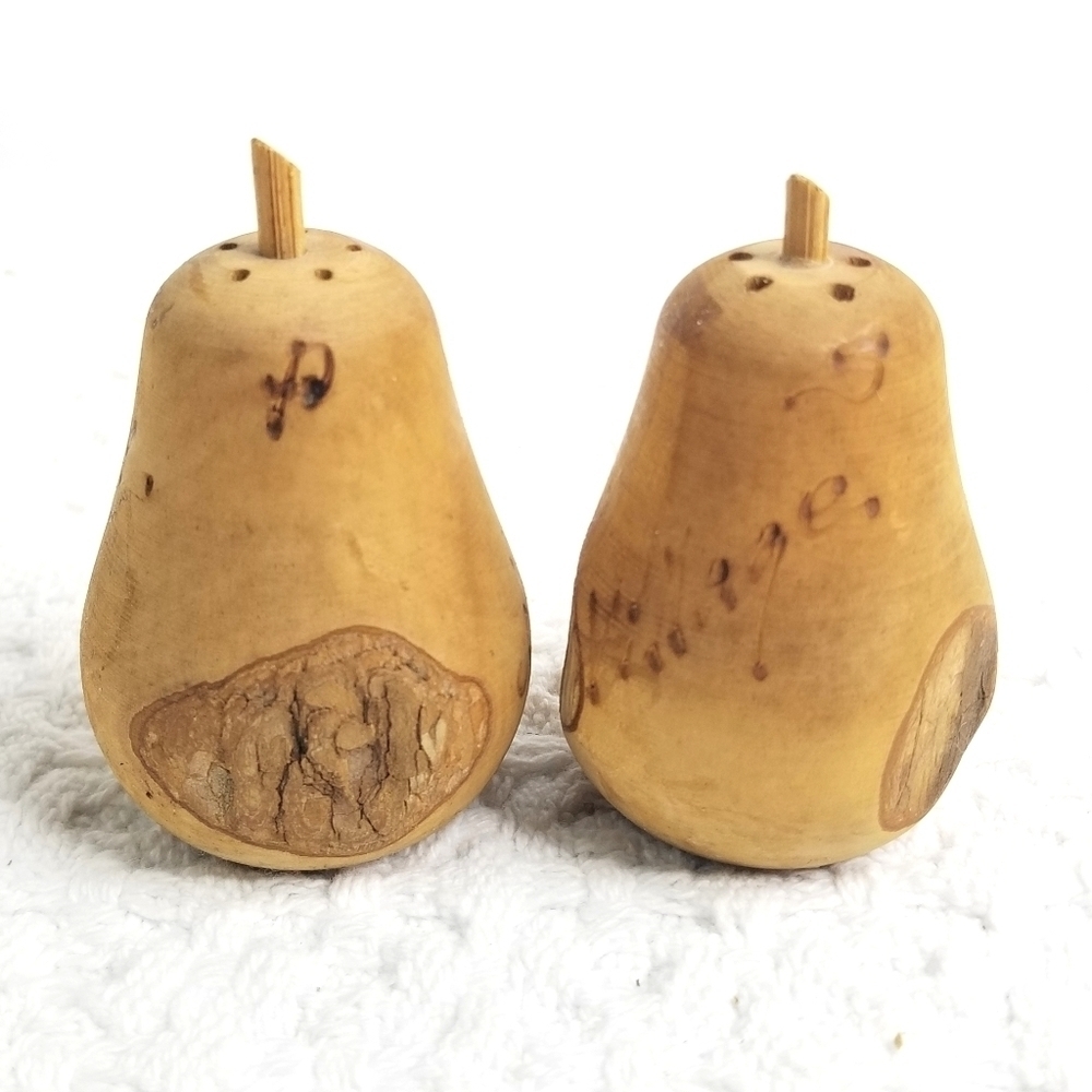 Set of Wooden Rotten Pear Shaped Salt and Pepper Shakers. Farmhouse Vibe. SIGNED